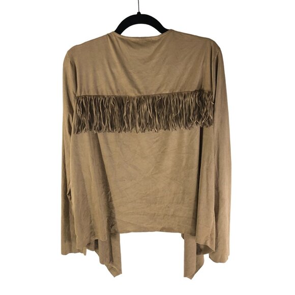 New Directions Womens Open Front Fringe Cardigan Faux Suede Beige L - Picture 2 of 5